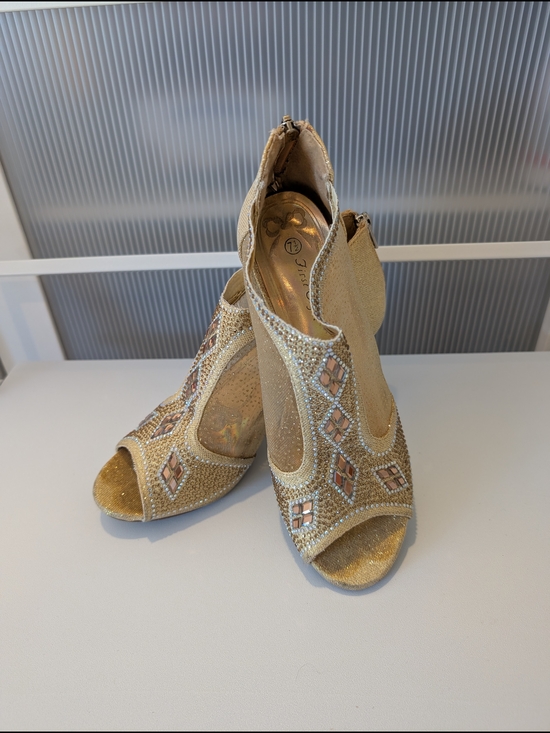 Shoes - Gold Embellished Peep-Toe Women's Heels